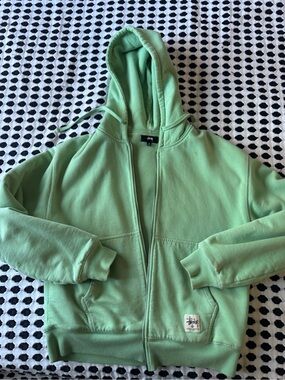 Unisex Stussy Double Lined 100% Cotton Heavy Mint Green Zip-Up Hoodie Jacket